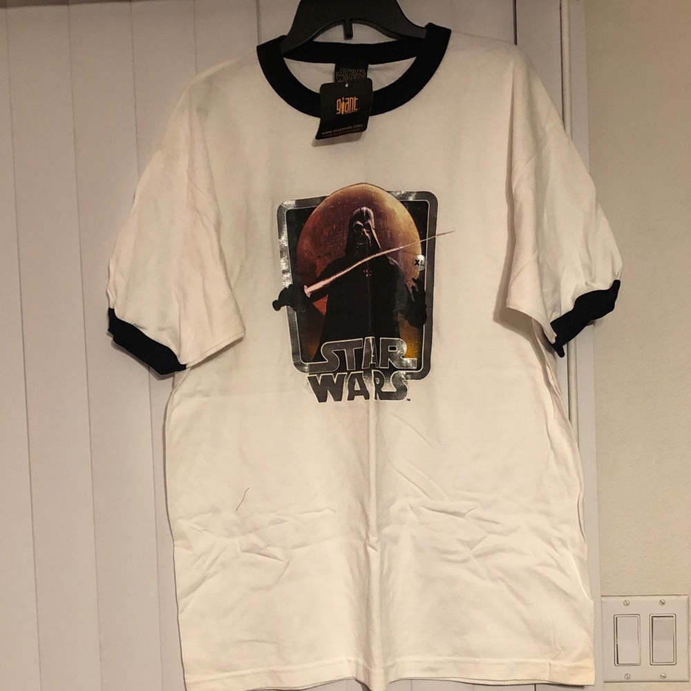 Star Wars White Tee with Black Trim and Vintage Lightsaber Graphic